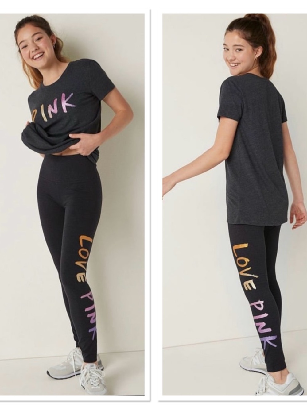 PINK Victoria's Secret Black Leggings with Pink and Gold Side Script